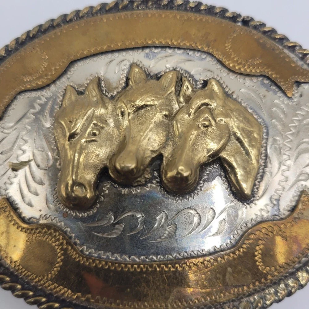 Three Horse Heads Belt Buckle Mex Alpaca Silver Western Cowboy Rodeo Engraved